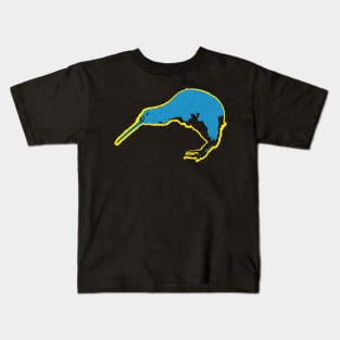 Minimalistic Retro 80's Kiwi Bird Blue and Yellow Kids T-Shirt